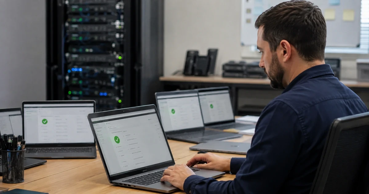 A backup administrator deploying Backblaze-style endpoint protection to a managed group of office laptops while verifying coverage and policy status