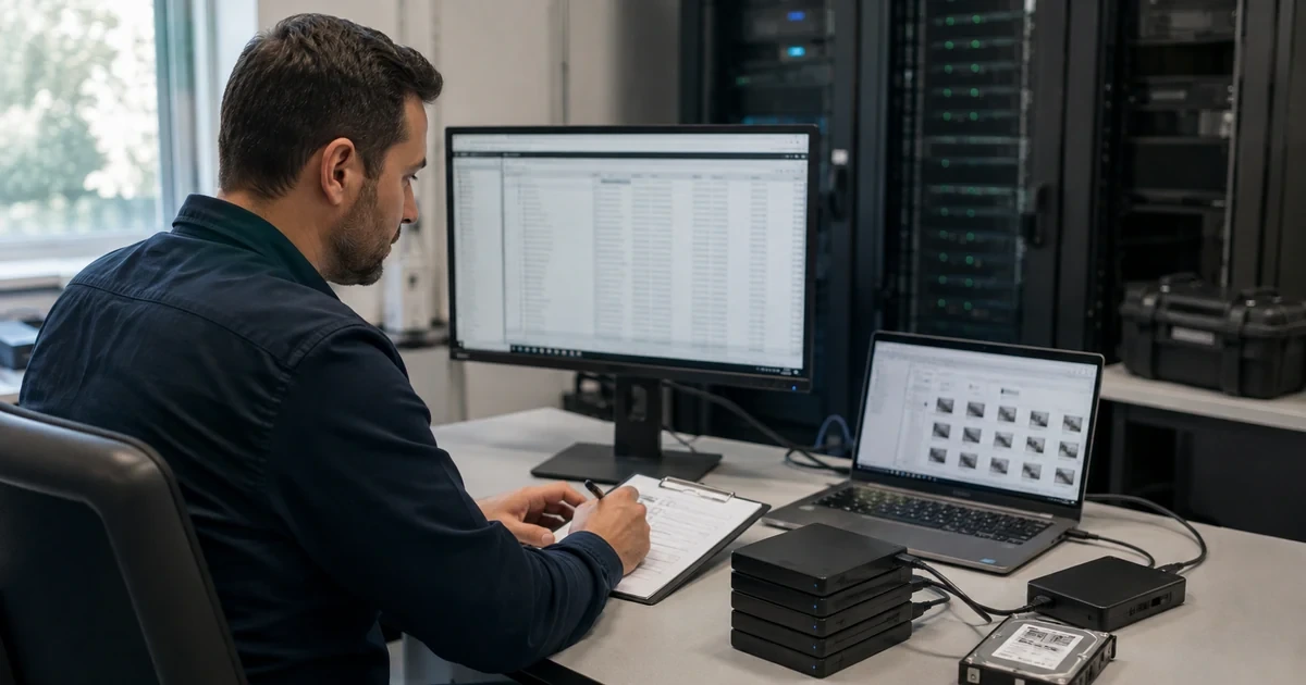 A recovery technician testing a large Backblaze-style business restore using an isolated workstation, external storage, and validation checklist