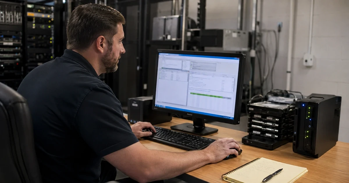 A backup engineer testing a CrashPlan-style emergency restore on an isolated workstation while validating files, timing, and recovery instructions