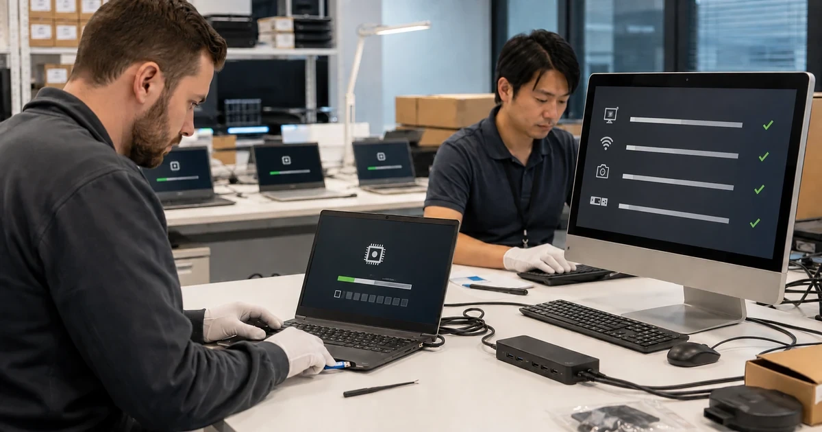 IT technician preparing a business computer with approved configuration security and peripheral checks