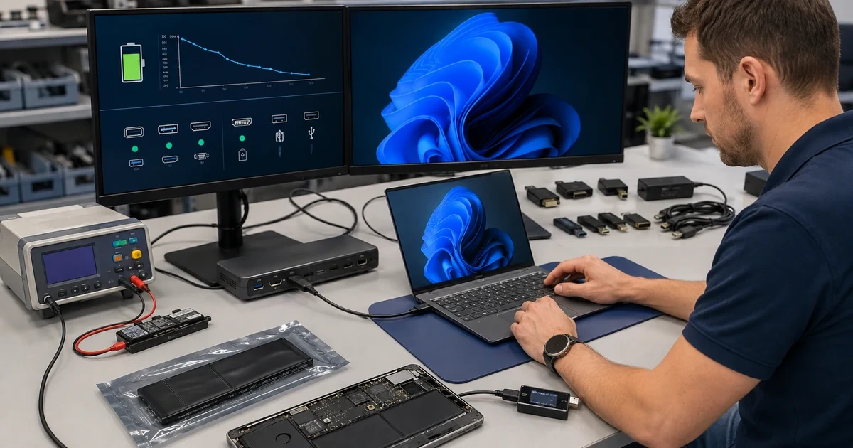 Technician testing a business laptop battery dock external displays ports and power delivery
