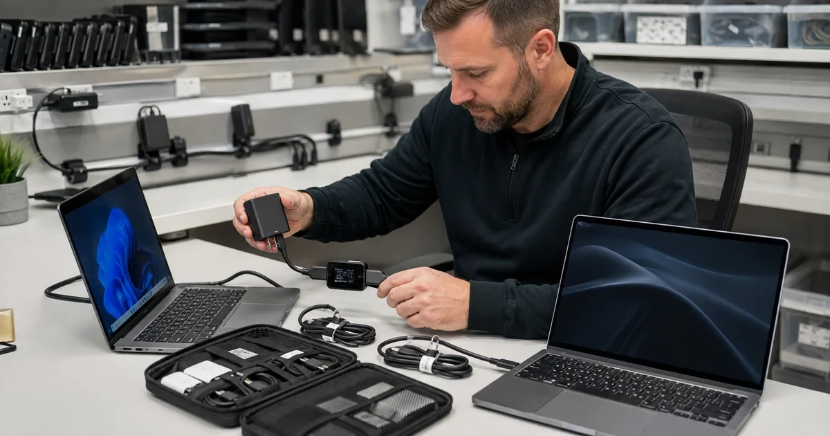 IT technician testing USB-C laptop chargers cables and power delivery with a measurement tool
