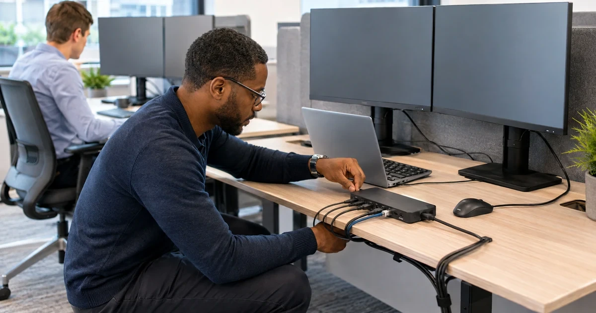 IT specialist connecting a USB-C dock to a business laptop dual monitors Ethernet and desk accessories