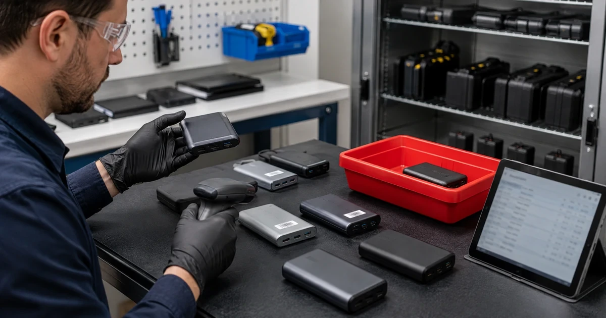 Technician inspecting and scanning portable USB-C power banks before safe use or retirement