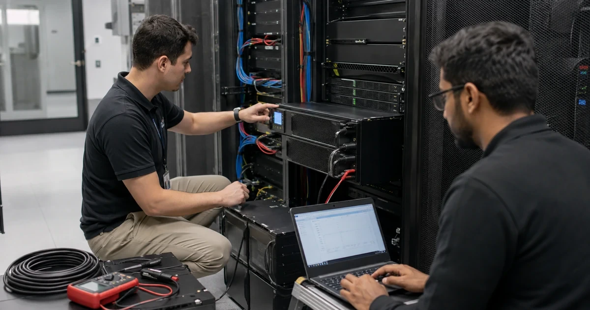 Technicians commissioning a rack mounted UPS and validating power load runtime and failover