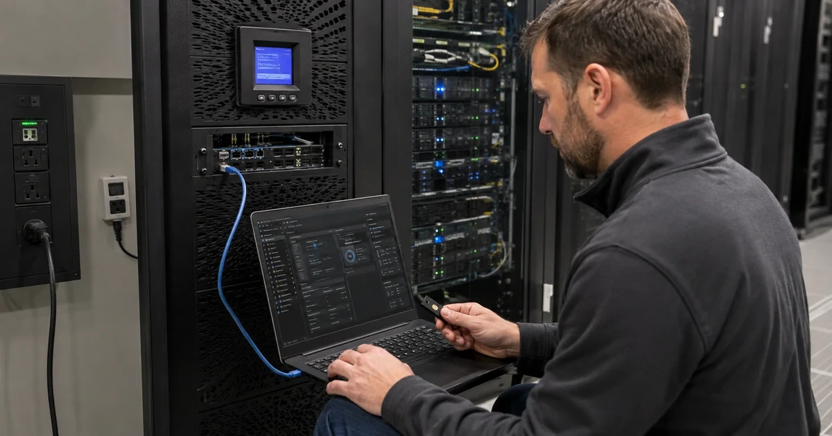 IT professional configuring secure UPS network management and shutdown monitoring beside a server rack