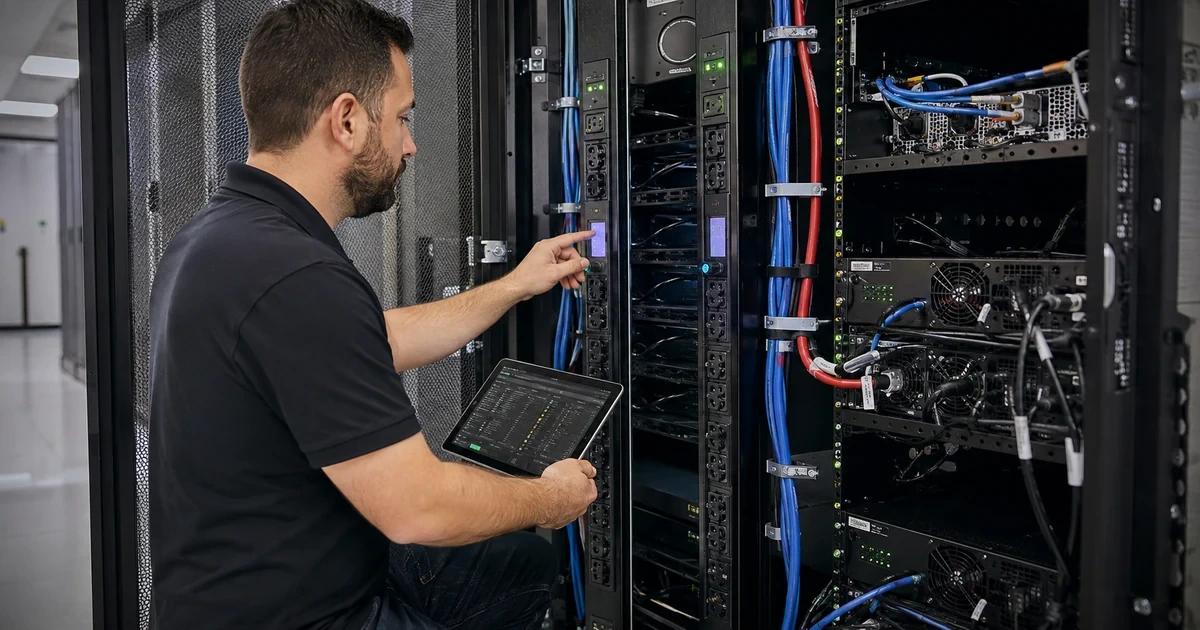 Data center technician inspecting vertical rack power distribution units and dual server power feeds