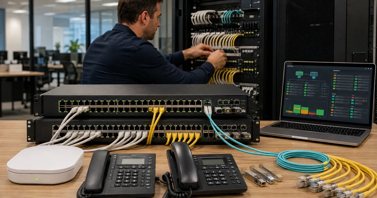 Network technician managing enterprise switches stack links Power over Ethernet and structured cabling