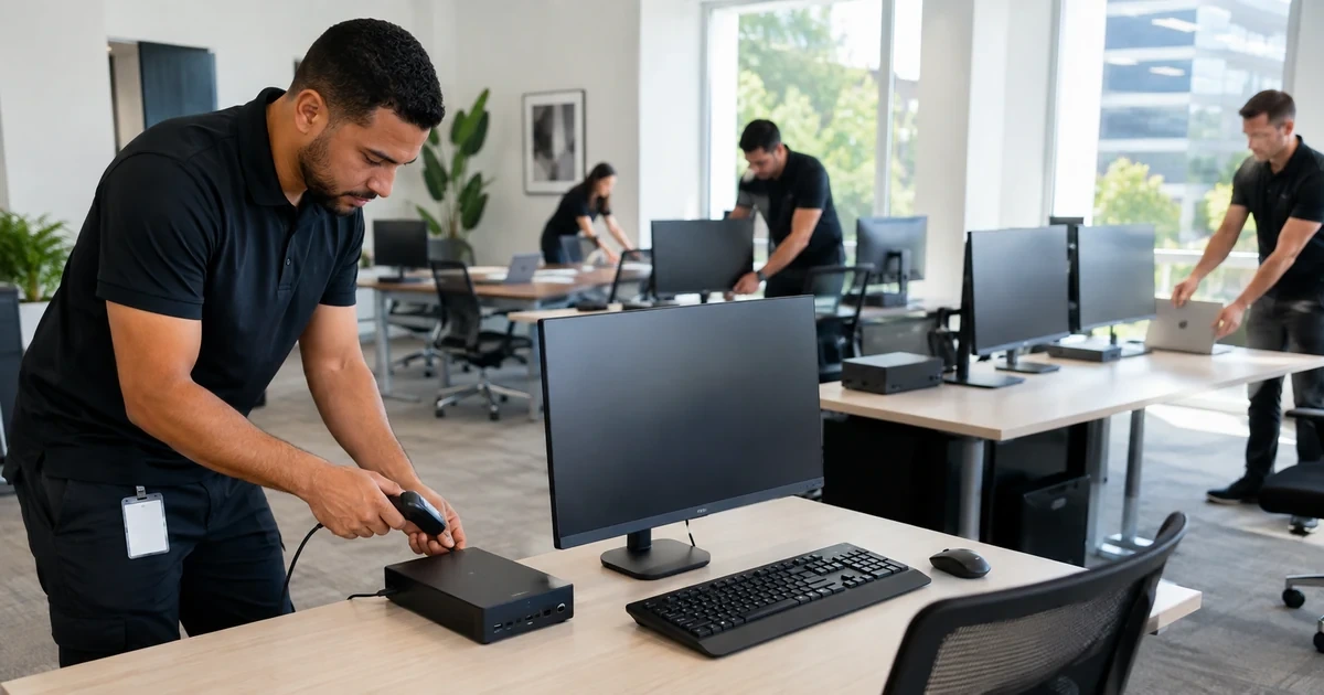 IT team staging business desktop computers monitors and accessories for a standardized rollout