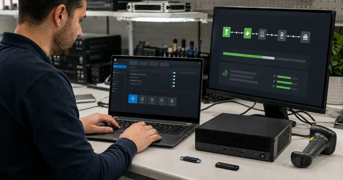 IT technician validating business computer firmware hardware security and device health controls