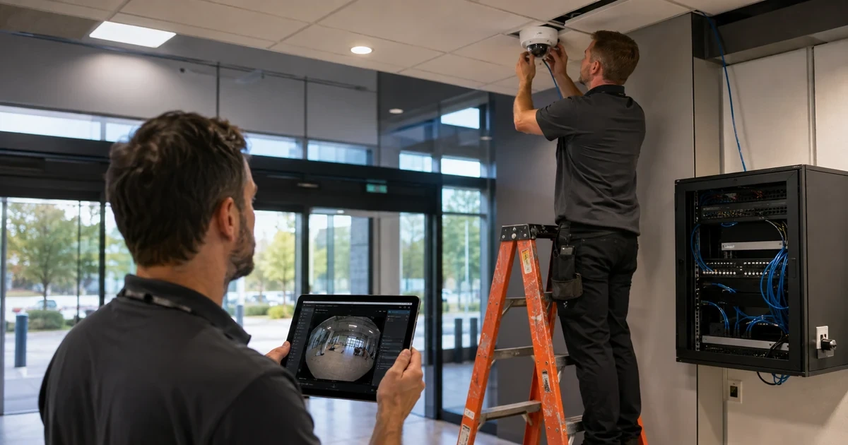 Technician installing and aiming an indoor IP camera while validating the live view on a tablet