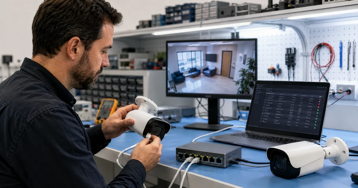 Security technician updating and hardening IP camera firmware from a professional service bench
