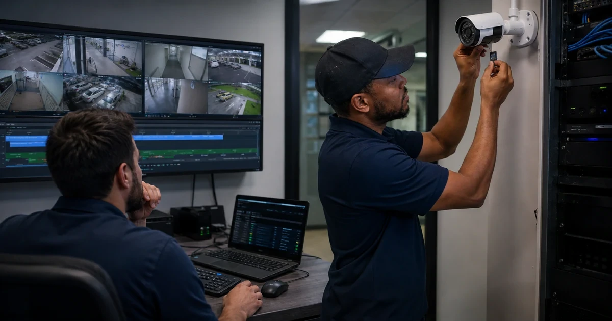 Technician testing a mounted IP camera while monitoring video stream health and network performance