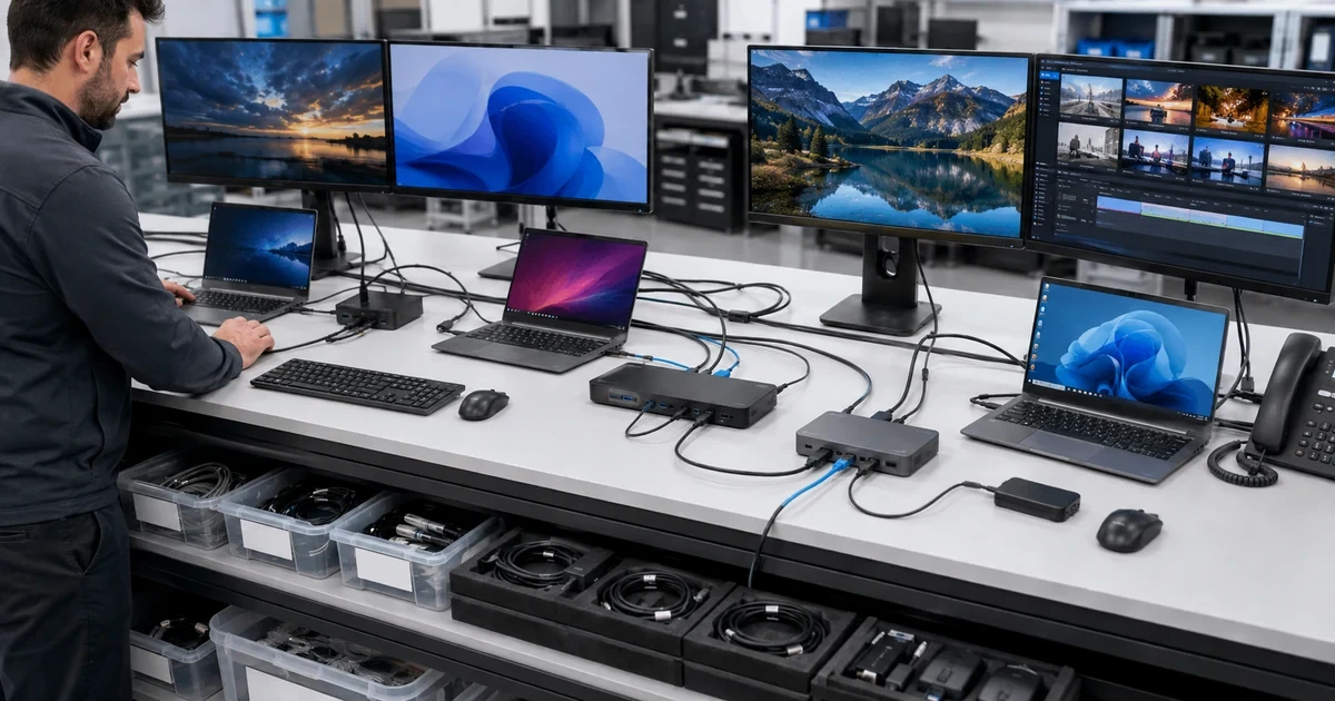 IT technician staging laptop docks monitors Ethernet and peripherals for a consistent office deployment