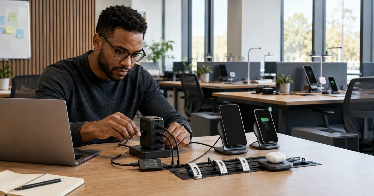 Technician testing business device chargers cables and charging stations before fleet deployment