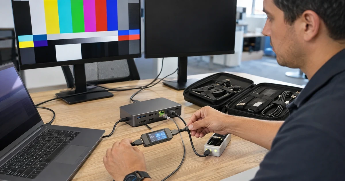 IT specialist testing a laptop dock across external displays Ethernet power delivery and accessories