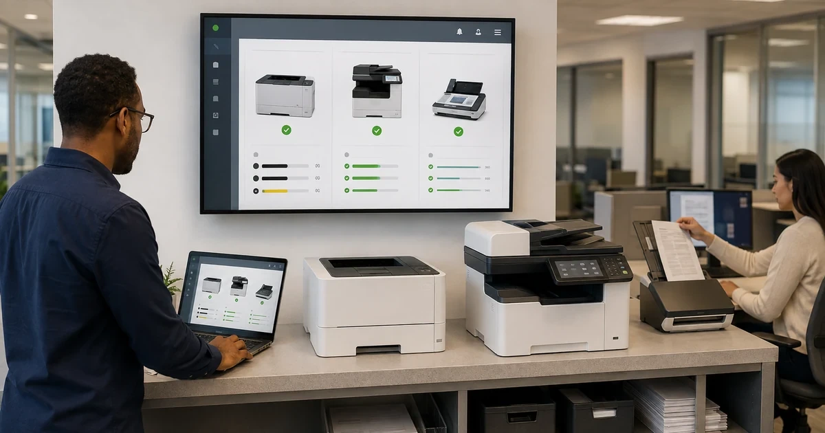 IT technician configuring business printers and scanners while an employee validates document workflows