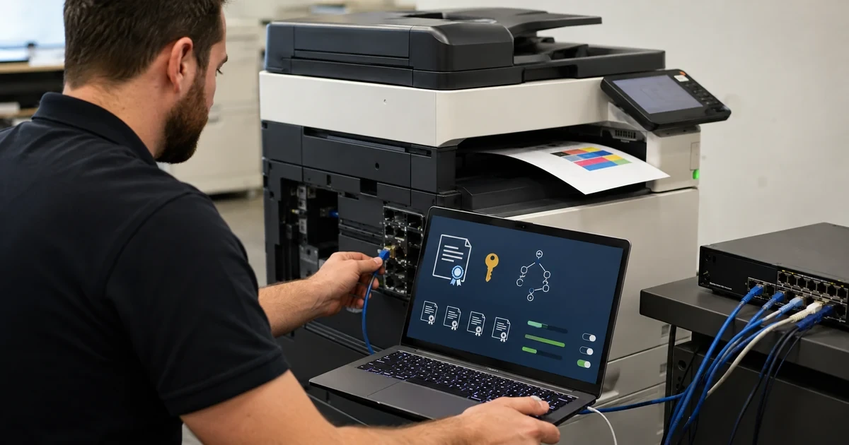 IT specialist securing a network printer and validating device access firmware and protected print settings
