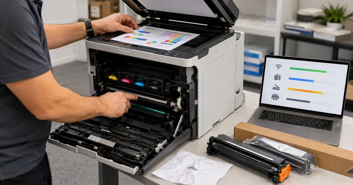 Technician diagnosing paper handling print quality scanning and network issues on a business printer