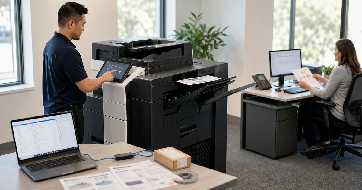 IT technician configuring a business multifunction copier and validating printing and scanning from a workstation