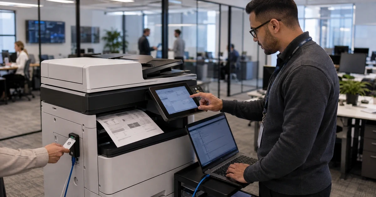 IT specialist configuring secure network and authentication settings on a business multifunction copier