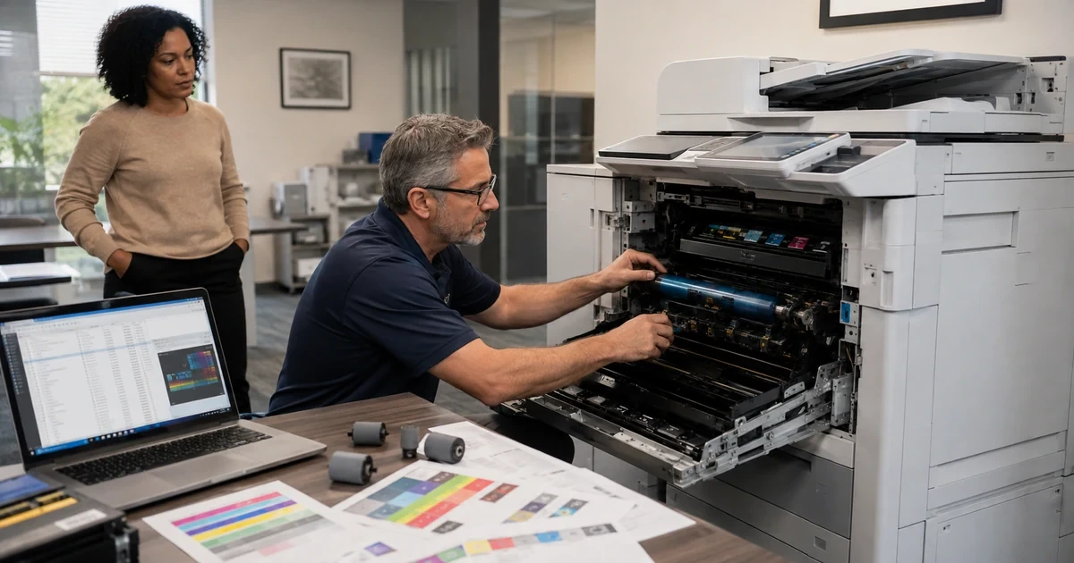 Technician inspecting paper handling and print quality while diagnosing a multifunction copier