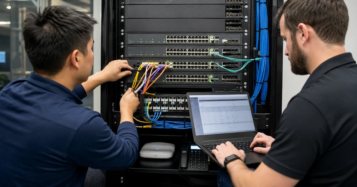 Network technicians installing a managed switch and connecting organized patch panel ports