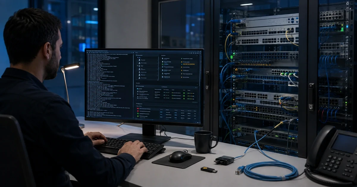 Network administrator hardening managed switch access and monitoring in a business network room