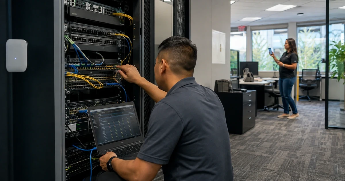 Network technician tracing switch uplinks VLAN connections and Power over Ethernet issues