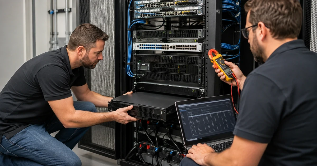 IT technicians measuring rack power load and preparing a correctly sized UPS installation