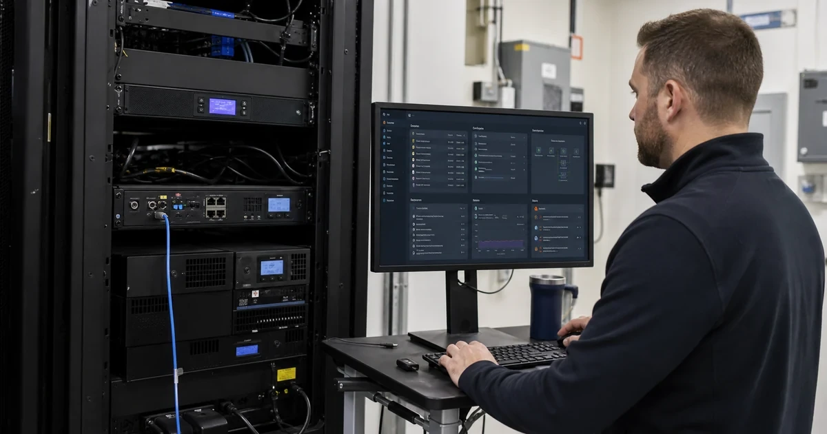 Administrator reviewing secure UPS monitoring alerts and shutdown controls beside protected equipment