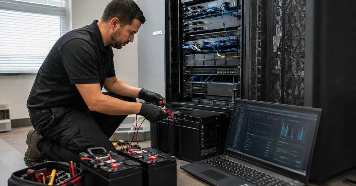 Technician diagnosing UPS batteries alarms runtime and protected server power connections