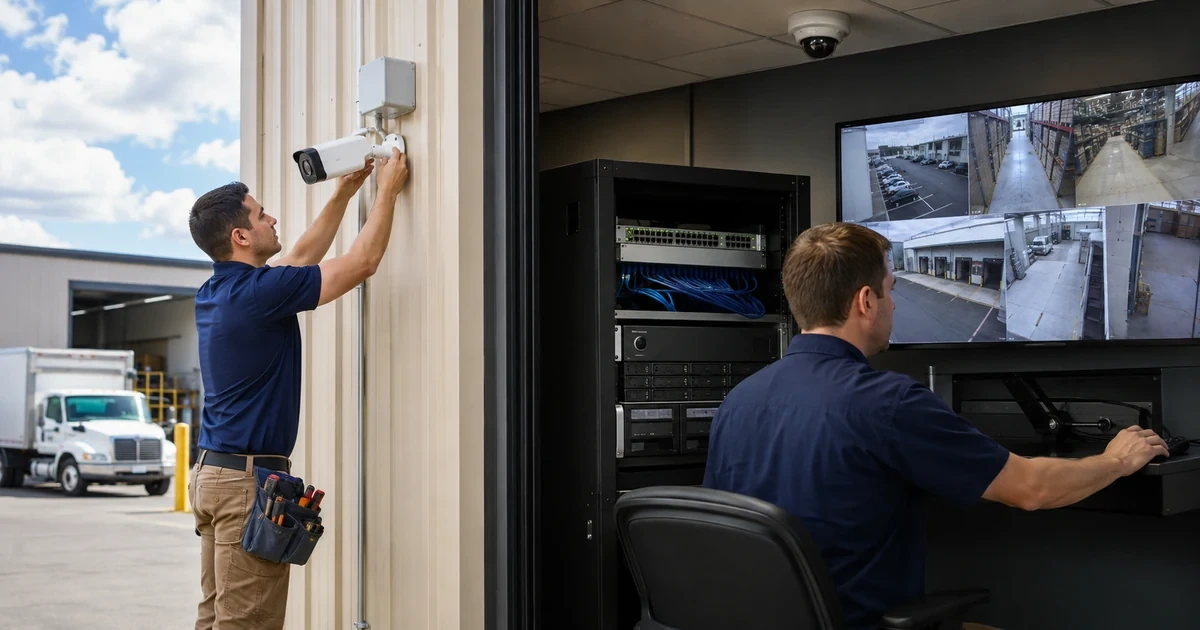 Technicians installing an IP camera and validating recording storage and live video at a business location
