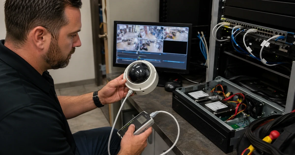 Technician tracing IP camera Power over Ethernet video and NVR storage faults with professional test equipment