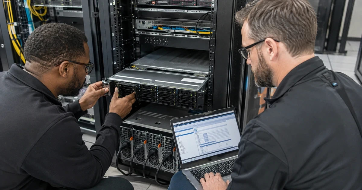 Data center technicians installing and validating a rack server storage and remote management connection