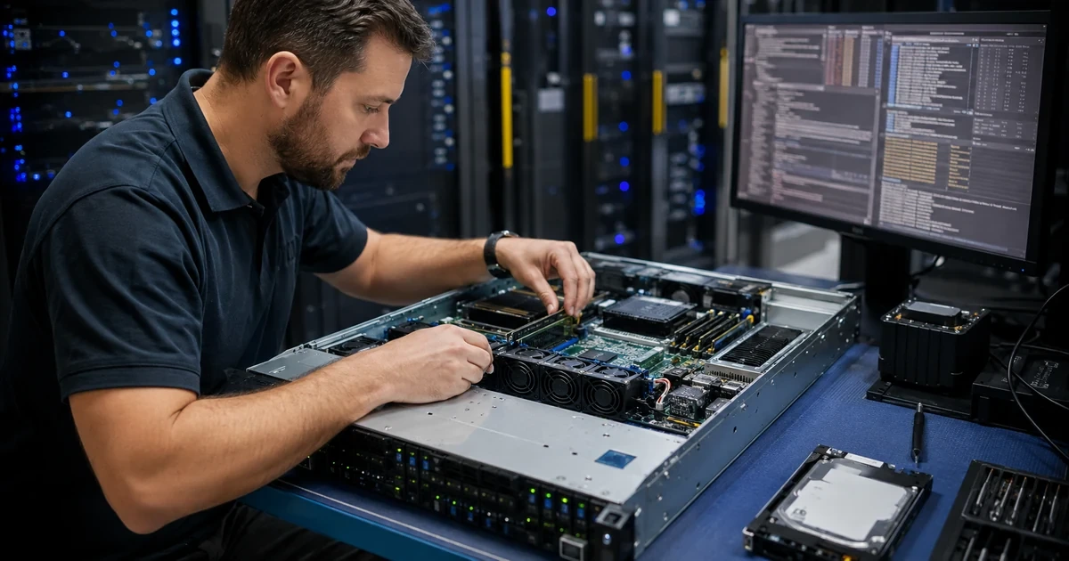 Technician diagnosing rack server storage memory power and thermal hardware faults