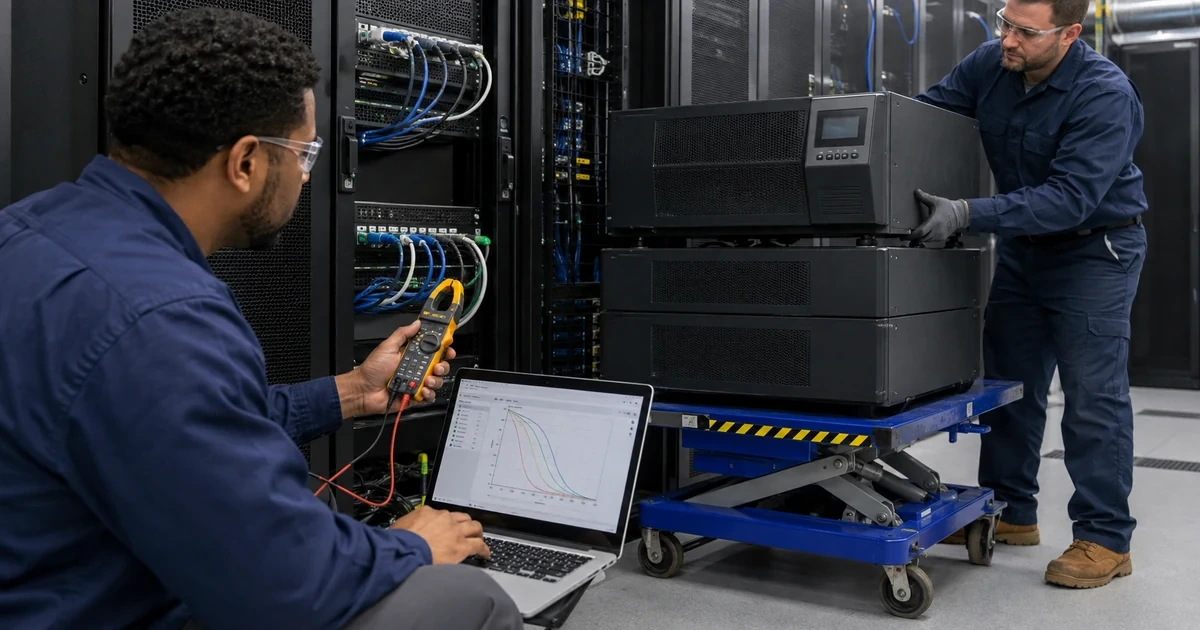 Technicians measuring UPS load and planning runtime and battery expansion for protected business equipment