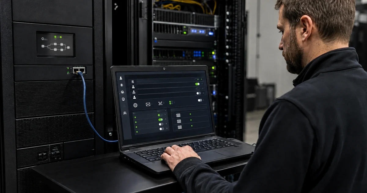 IT administrator reviewing secure UPS management and monitoring controls beside protected infrastructure