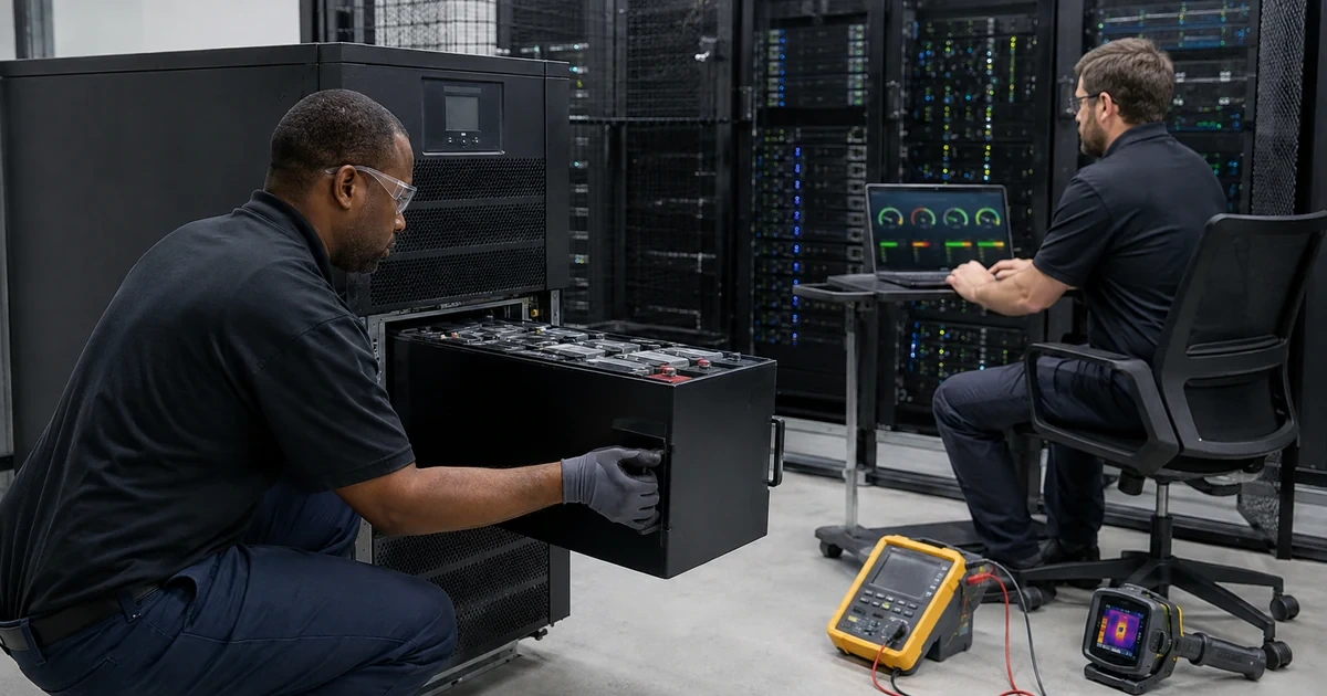 Technician diagnosing UPS overload battery runtime and shutdown faults in a business network room