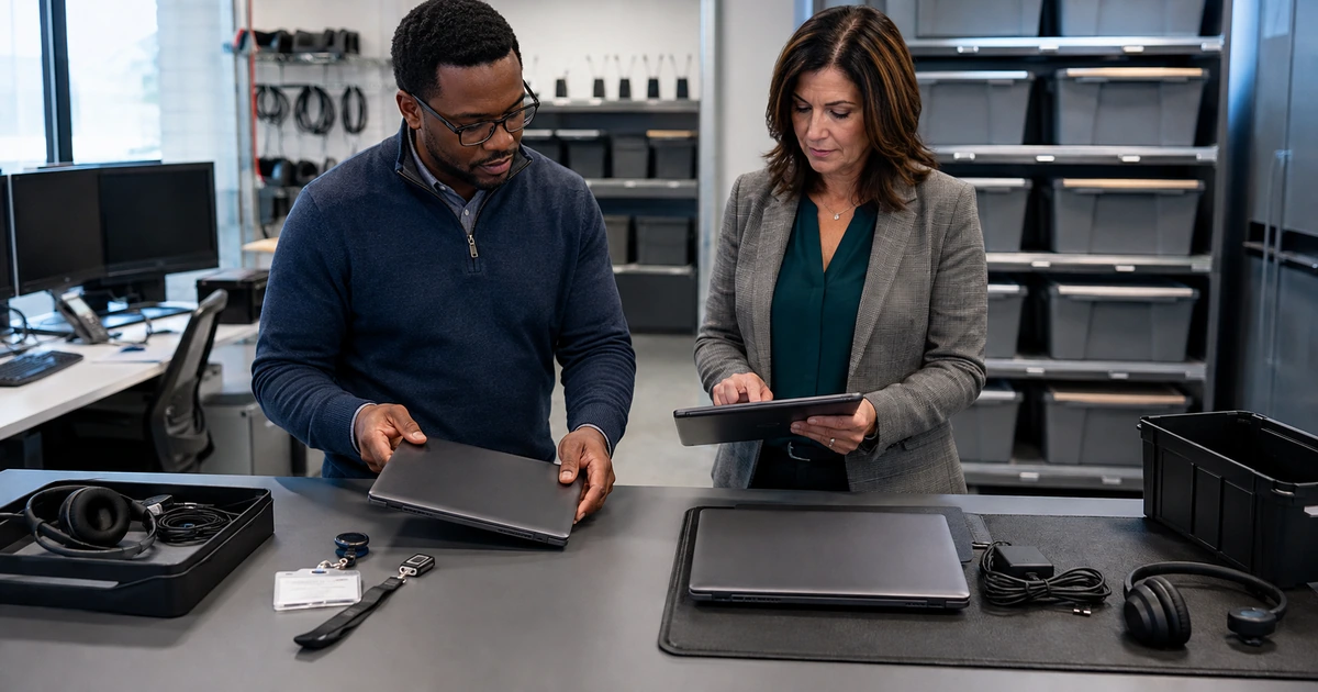 IT administrator and accounting manager reconcile returned and new hire equipment