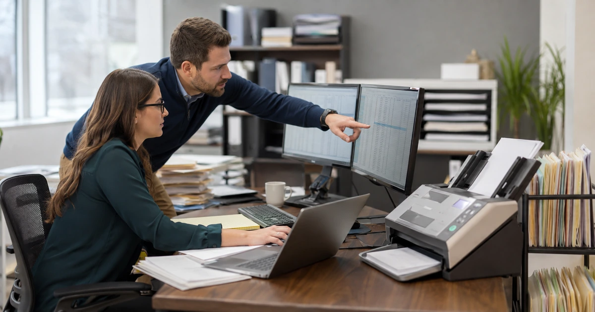 IT technician and accountant troubleshoot a workstation and document scanner