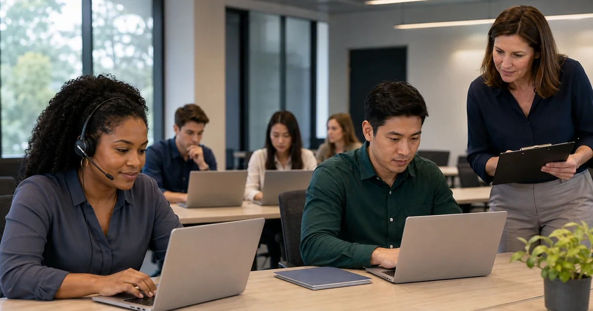 Employees completing practical role-specific AI exercises while a supervisor reviews adoption progress