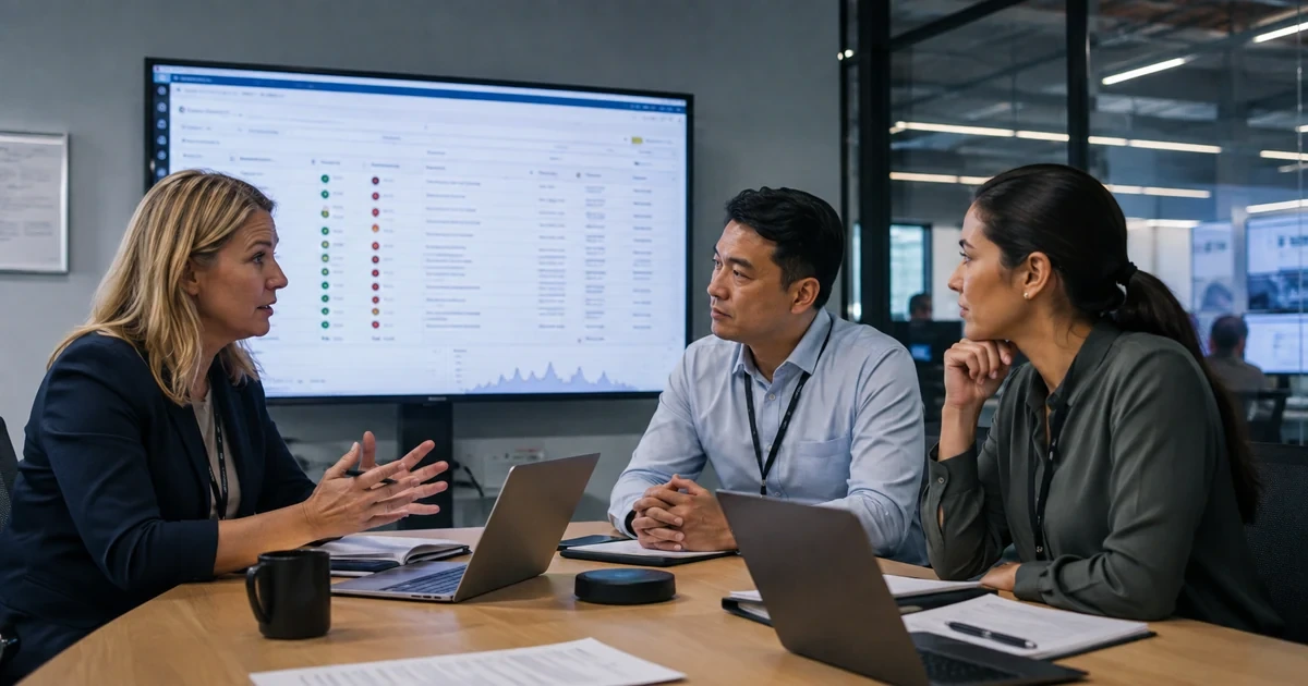 Cybersecurity, business, and compliance leaders reviewing approved AI tools, access, and governance