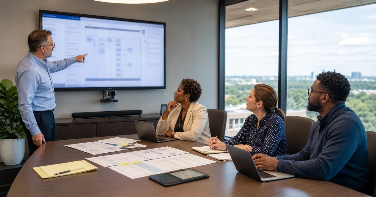 Cross-functional business team reviewing AI readiness, process maturity, and validation plans