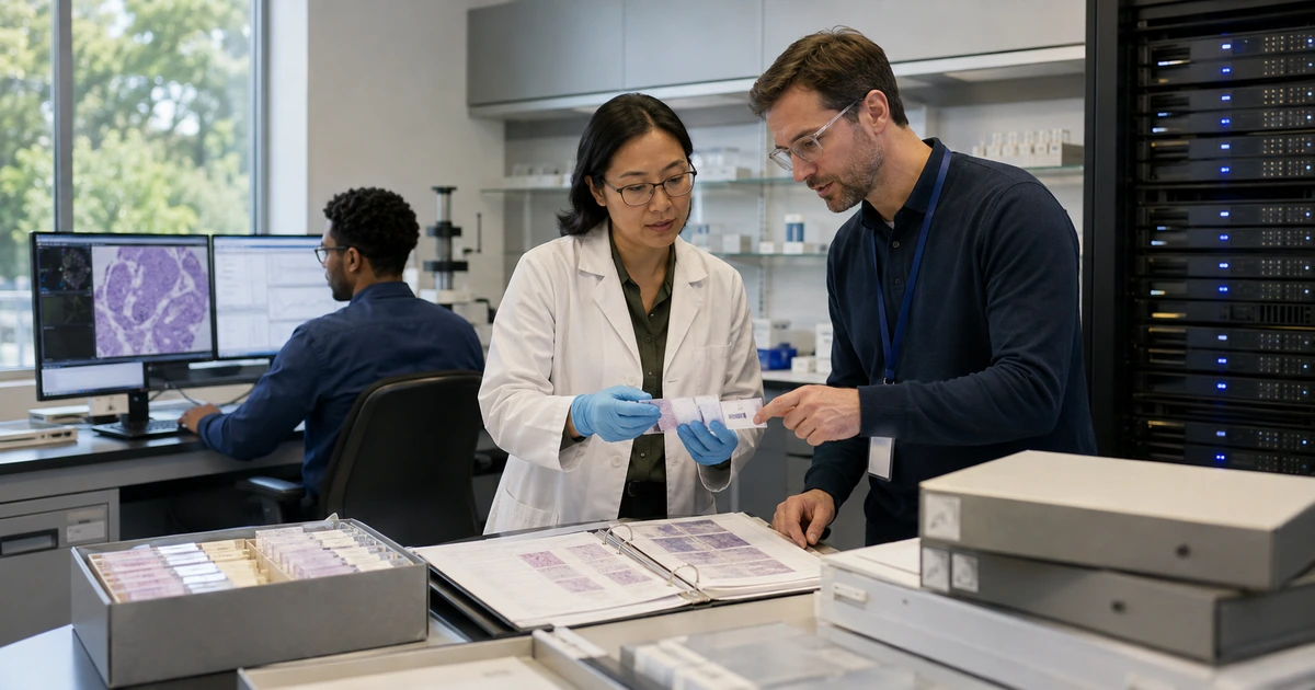 Data steward scientist and machine learning engineer reviewing research samples data quality labels and controlled access