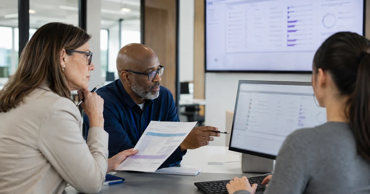 Training manager and security specialist auditing employee AI exercises, prompt practices, and data handling