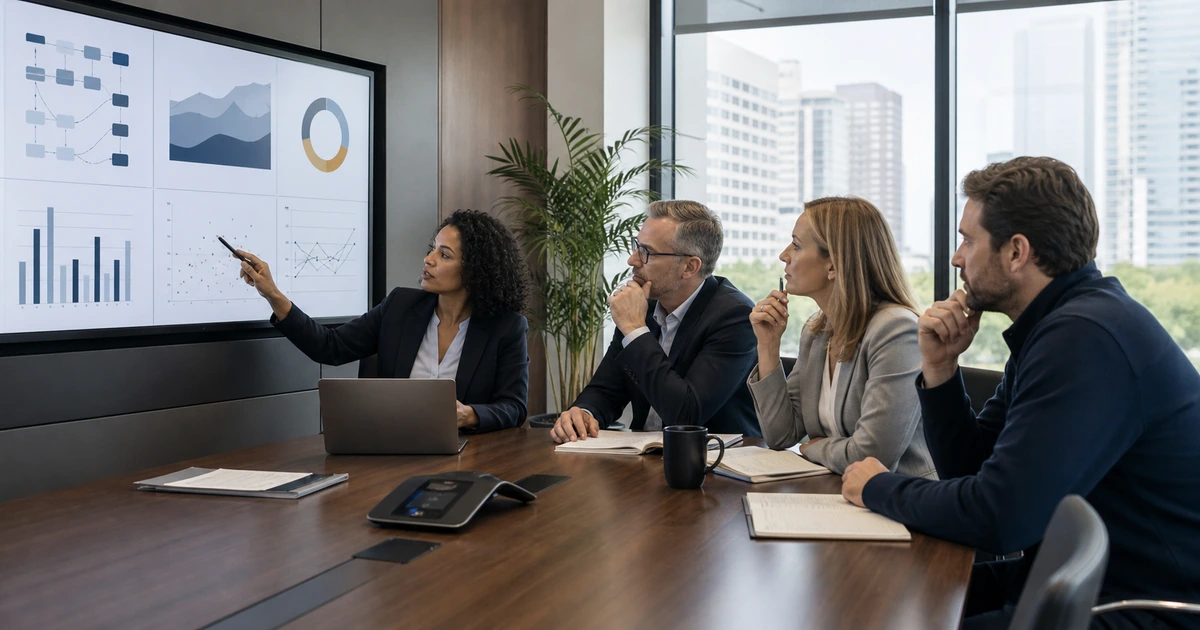 Executive team evaluating AI value, adoption, operational risk, and business results