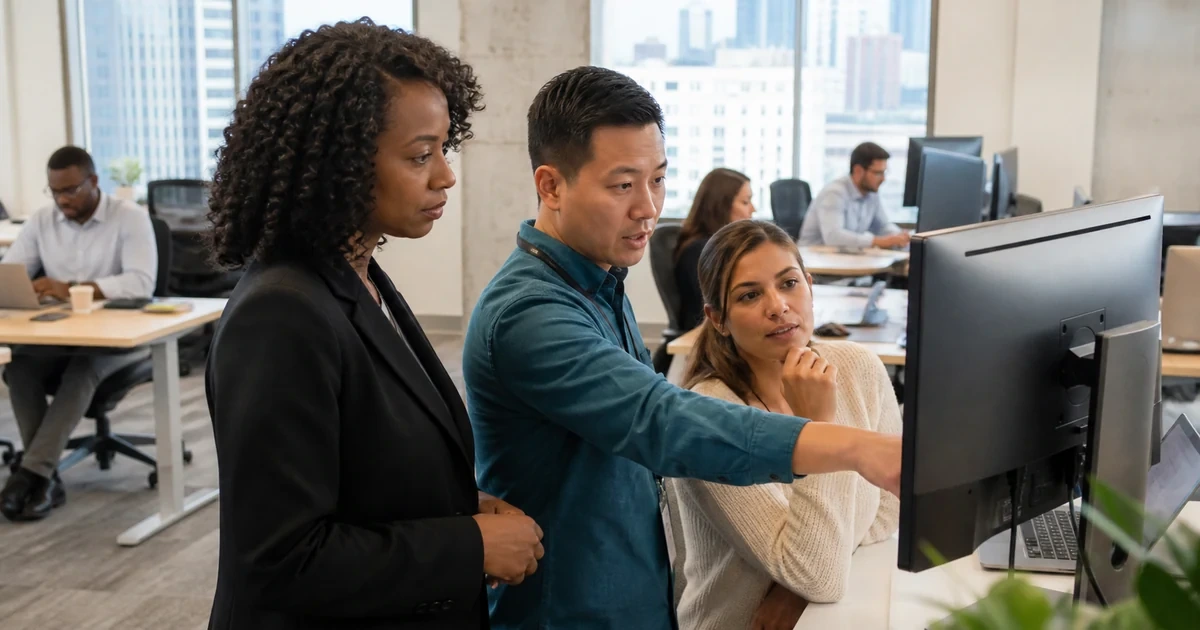 Operations lead and IT specialist guiding an AI workflow automation rollout in an Atlanta office
