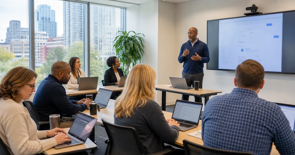 Technology trainer leading role-based AI tool exercises for employees in an Atlanta office
