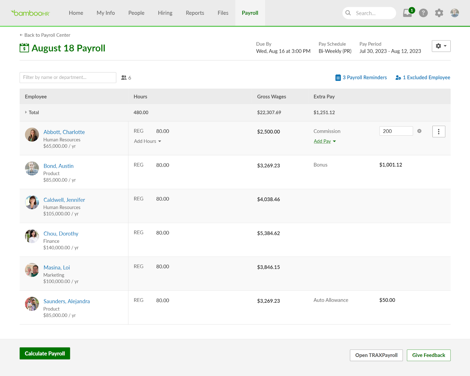 BambooHR payroll employee list and payroll processing interface